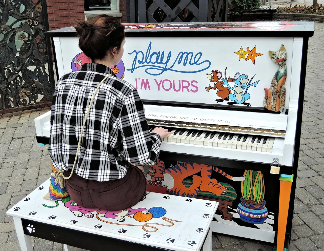 Decorated public upright piano
