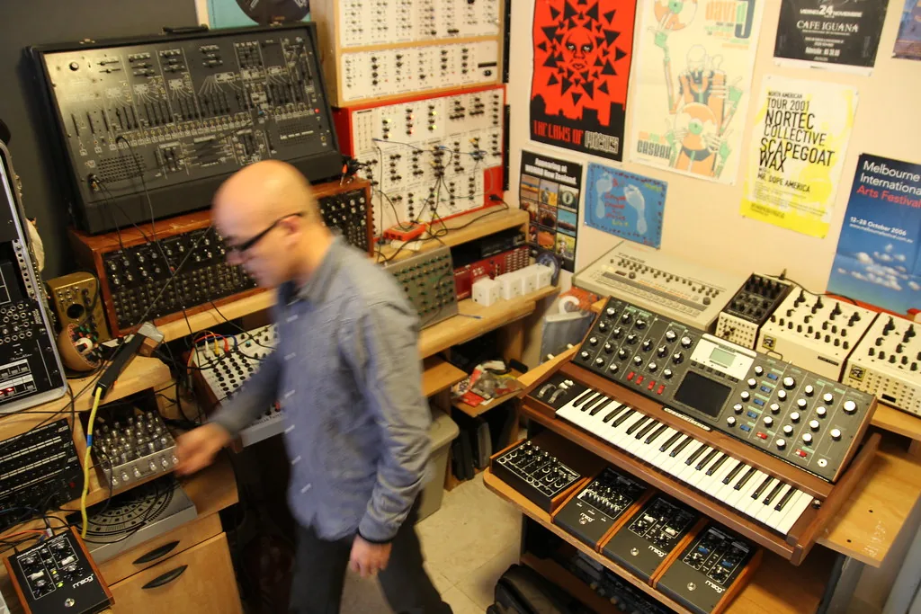 Musician in a synthesizer studio