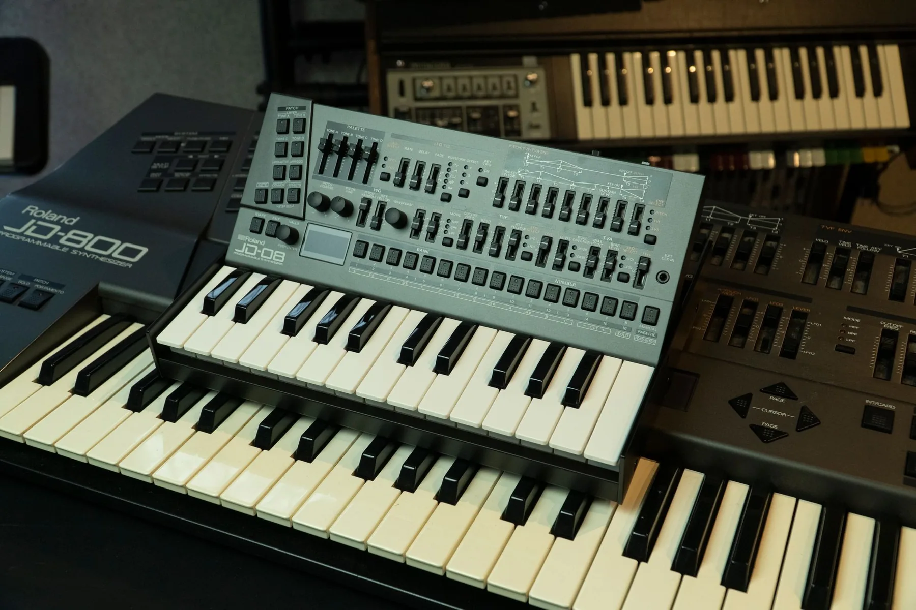 Collection of vintage Roland synthesizers