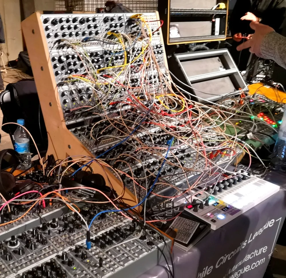 Vintage modular synthesizer with many cables