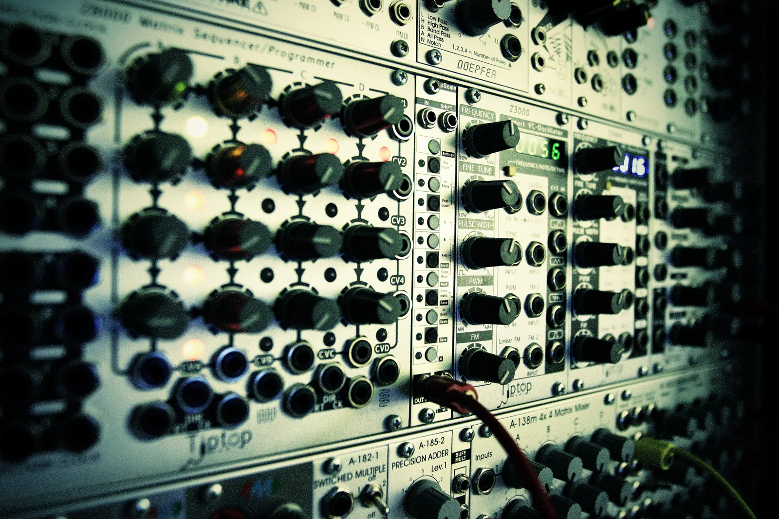 Close-up of an analog modular synthesizer