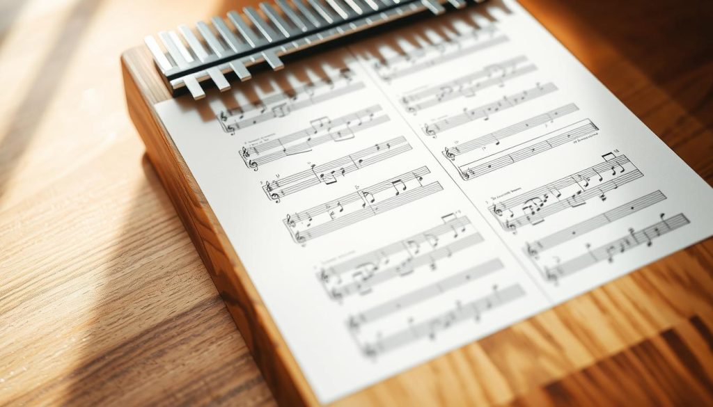 Detailed tablature sheet for kalimba, displayed on a wooden table surface. The sheet features clear, high-contrast musical notation and precise finger position diagrams. Soft, warm lighting gently illuminates the scene, casting subtle shadows and highlighting the textural qualities of the paper and wood. The composition is centered and balanced, with the tablature occupying the focal point. The overall mood is one of clarity, focus, and an appreciation for the instrument's unique playing techniques.