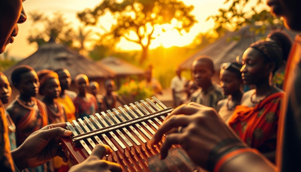 A detailed, cultural scene of a sanza, the ancestral precursor to the kalimba, set against a warm, earthy backdrop. In the foreground, a skilled musician plays the sanza, their fingers gracefully plucking the metal tines, creating a mesmerizing, melodic soundscape. Surrounding them, a group of captivated onlookers, enraptured by the traditional performance. In the middle ground, a vibrant, African village setting, with thatched-roof huts and lush, verdant foliage. The background bathes in the golden glow of the setting sun, casting a serene, contemplative atmosphere over the cultural celebration. Lighting is soft and diffused, highlighting the organic textures and rich, earthy tones. The composition is balanced, drawing the viewer's eye to the central sanza performance, while providing context to the deep cultural significance of this ancestral instrument. A detailed, cultural scene of a sanza, the ancestral precursor to the kalimba, set against a warm, earthy backdrop. In the foreground, a skilled musician plays the sanza, their fingers gracefully plucking the metal tines, creating a mesmerizing, melodic soundscape. Surrounding them, a group of captivated onlookers, enraptured by the traditional performance. In the middle ground, a vibrant, African village setting, with thatched-roof huts and lush, verdant foliage. The background bathes in the golden glow of the setting sun, casting a serene, contemplative atmosphere over the cultural celebration. Lighting is soft and diffused, highlighting the organic textures and rich, earthy tones. The composition is balanced, drawing the viewer's eye to the central sanza performance, while providing context to the deep cultural significance of this ancestral instrument.