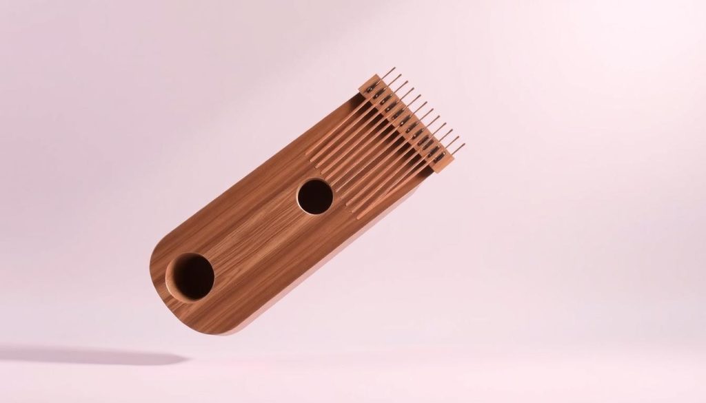 A modern, minimalist sanza floating against a serene, pastel gradient background. The sanza is rendered in sleek, polished wood tones, its distinct curved tines and resonating chamber capturing the essence of its ancestral origins. Soft, directional lighting casts gentle shadows, accentuating the instrument's organic form and highlighting its elegant simplicity. The composition conveys a sense of timelessness, where tradition and modernity seamlessly converge, evoking the evolution of this iconic African musical tool. A modern, minimalist sanza floating against a serene, pastel gradient background. The sanza is rendered in sleek, polished wood tones, its distinct curved tines and resonating chamber capturing the essence of its ancestral origins. Soft, directional lighting casts gentle shadows, accentuating the instrument's organic form and highlighting its elegant simplicity. The composition conveys a sense of timelessness, where tradition and modernity seamlessly converge, evoking the evolution of this iconic African musical tool.