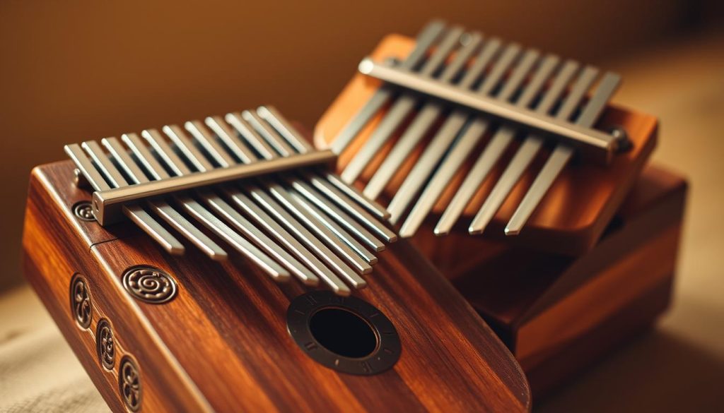 A sanza, the ancient African thumb piano, nestled intimately alongside a modern kalimba. The sanza's wooden body, carved with intricate patterns, rests in the foreground, its metal tines gleaming. The kalimba, its polished metal keys reflecting the light, hovers nearby, a testament to the evolution of this timeless instrument. The background is softly blurred, allowing the instruments to take center stage, their connection palpable. Warm, diffused lighting casts a gentle glow, highlighting the textures and forms, inviting the viewer to witness the deep, ancestral relationship between these two musical icons.