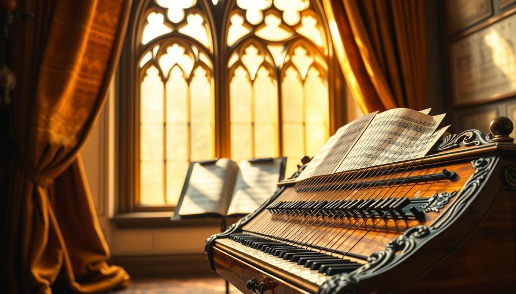 A beautifully crafted clavicembalum, featuring intricate woodwork and ornate carvings, is positioned prominently in the foreground. The instrument is set inside a softly lit room adorned with 14th-century musical manuscripts on parchment, creating a historical ambiance. In the middle ground, a music stand holds a delicate sheet of music, partially illuminated by warm, golden light streaming through a Gothic window, casting gentle shadows. In the background, plush velvet curtains frame the scene, enhancing the vintage charm. The atmosphere is serene, evoking a sense of nostalgia and elegance. The angle captures the entire instrument, emphasizing its unique strings and keys, with a focus on rich textures and warm hues, inviting the viewer into the world of early music.