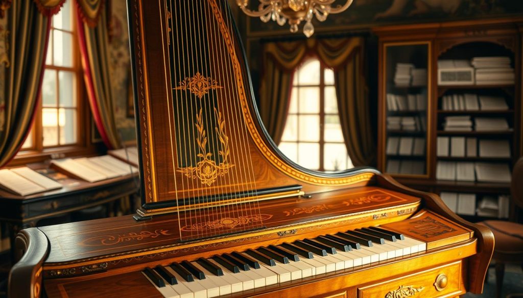 A beautifully crafted double clavier harpsichord, showcasing intricate woodwork with elegant floral inlays and detailed craftsmanship. The foreground features the instrument open, revealing its two rows of keys, with soft golden light illuminating the polished surface. In the middle ground, a sumptuous Renaissance-style room with rich tapestries and plush drapes enhances the ambiance, transporting viewers to a historical setting. The background includes shelves filled with music scores, emphasizing the musical heritage of the harpsichord. The overall atmosphere is warm and inviting, suggesting a sense of artistry and historical significance. The lighting accentuates the textures of the wood and the delicate mechanisms inside, creating a rich depth in the image. A beautifully crafted double clavier harpsichord, showcasing intricate woodwork with elegant floral inlays and detailed craftsmanship. The foreground features the instrument open, revealing its two rows of keys, with soft golden light illuminating the polished surface. In the middle ground, a sumptuous Renaissance-style room with rich tapestries and plush drapes enhances the ambiance, transporting viewers to a historical setting. The background includes shelves filled with music scores, emphasizing the musical heritage of the harpsichord. The overall atmosphere is warm and inviting, suggesting a sense of artistry and historical significance. The lighting accentuates the textures of the wood and the delicate mechanisms inside, creating a rich depth in the image.