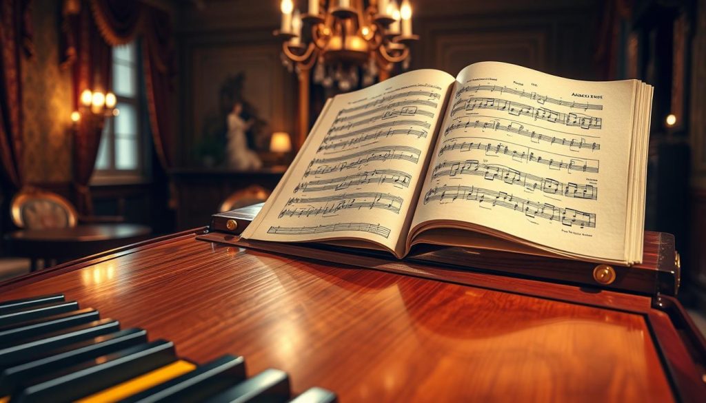 A beautifully crafted harpsichord, or "clavecin," takes center stage, showcasing intricate woodwork with gold accents. The foreground reveals the instrument's polished keys, glistening under soft, warm lighting that evokes a historical ambiance. In the middle ground, sheet music for classic compositions is partially spread across the harpsichord's lid, featuring elegant, flowing musical notation in a vintage style. The background features a softly blurred room reminiscent of a Baroque music salon, with rich tapestries and dimly lit chandeliers casting a gentle glow. The mood is serene and nostalgic, inviting viewers to appreciate the rich heritage of the harpsichord in the repertoire of renowned composers. The image should have a slight depth of field effect to enhance focus on the harpsichord and the music. A beautifully crafted harpsichord, or "clavecin," takes center stage, showcasing intricate woodwork with gold accents. The foreground reveals the instrument's polished keys, glistening under soft, warm lighting that evokes a historical ambiance. In the middle ground, sheet music for classic compositions is partially spread across the harpsichord's lid, featuring elegant, flowing musical notation in a vintage style. The background features a softly blurred room reminiscent of a Baroque music salon, with rich tapestries and dimly lit chandeliers casting a gentle glow. The mood is serene and nostalgic, inviting viewers to appreciate the rich heritage of the harpsichord in the repertoire of renowned composers. The image should have a slight depth of field effect to enhance focus on the harpsichord and the music.