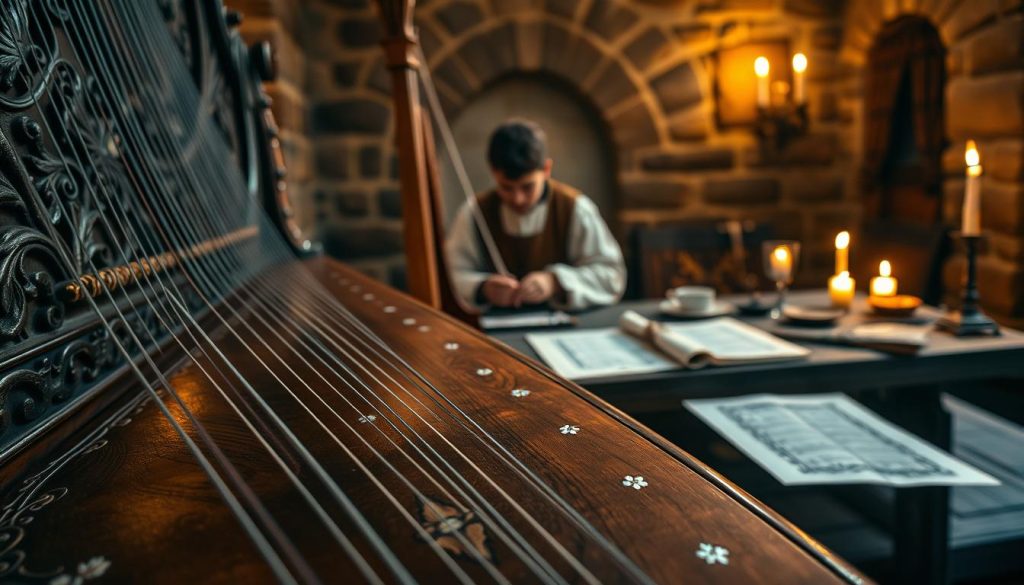 A beautifully crafted medieval harpsichord, showcasing intricate woodwork and ornate carvings, takes center stage. The foreground features delicate keys shimmering in soft candlelight, revealing detailed inlays of mother-of-pearl and ebony. In the middle ground, a musician clad in a modest yet elegant medieval outfit, focused intently on playing, captures the essence of the period. Surrounding the instrument are period-appropriate decorations such as scrolls, quills, and sheet music laid out on a worn wooden table. The background depicts a dimly lit stone room with flickering torches casting warm glows, enhancing the historical ambiance. The image is infused with a mood of nostalgia and reverence for early music, inviting viewers to immerse themselves in the rich heritage of the harpsichord’s origins. The scene is captured from a slightly elevated angle to emphasize the craftsmanship of the instrument.