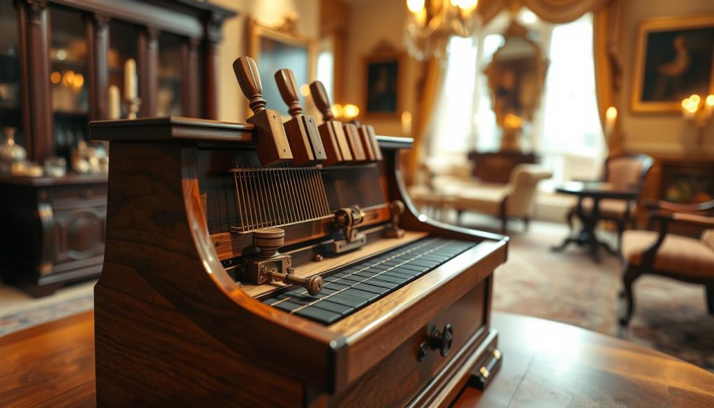 A beautifully crafted "sautereau clavecin," showcasing its intricate mechanics, positioned prominently in the foreground. Highlight the unique features of the escapement mechanism, with the wooden hammers poised above the strings, emphasizing the craftsmanship. The middle ground includes the subtle reflection of the clavecin's polished wood, capturing the warm tones of cherry and walnut. In the background, softly blurred reveals an elegant room filled with period furniture and dim candlelight, enhancing the historical context. Use warm, ambient lighting to create a sophisticated and inviting atmosphere. The image should be taken from a slightly elevated angle, providing a clear view of the complex mechanism, inviting viewers to appreciate the artistry involved in its design.