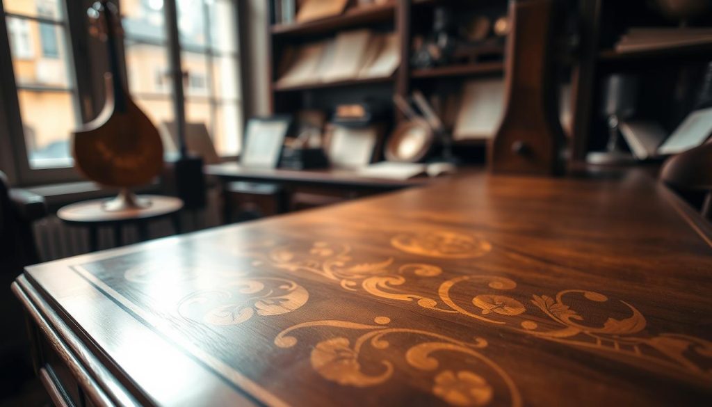 A beautifully crafted "table d'harmonie" from a harpsichord, elegantly displayed in the foreground. The intricate wooden surface features stunning inlays of floral motifs and musical symbols, reflecting the craftsmanship of the 17th century. The subtle sheen of the polished wood catches the soft, ambient light filtering in from a nearby window, creating warm highlights and gentle shadows. In the middle ground, a glimpse of the harpsichord's keys is visible, inviting viewers into the instrument's unique sound world. The background includes blurred shelves filled with antique musical scores and historical instruments, enhancing the atmosphere of a classical music study. The overall mood is serene and nostalgic, evoking a sense of reverence for the rich history of the instrument. The image should be captured with a shallow depth of field to emphasize the beauty of the craftsmanship while blurring out distractions. A beautifully crafted "table d'harmonie" from a harpsichord, elegantly displayed in the foreground. The intricate wooden surface features stunning inlays of floral motifs and musical symbols, reflecting the craftsmanship of the 17th century. The subtle sheen of the polished wood catches the soft, ambient light filtering in from a nearby window, creating warm highlights and gentle shadows. In the middle ground, a glimpse of the harpsichord's keys is visible, inviting viewers into the instrument's unique sound world. The background includes blurred shelves filled with antique musical scores and historical instruments, enhancing the atmosphere of a classical music study. The overall mood is serene and nostalgic, evoking a sense of reverence for the rich history of the instrument. The image should be captured with a shallow depth of field to emphasize the beauty of the craftsmanship while blurring out distractions.