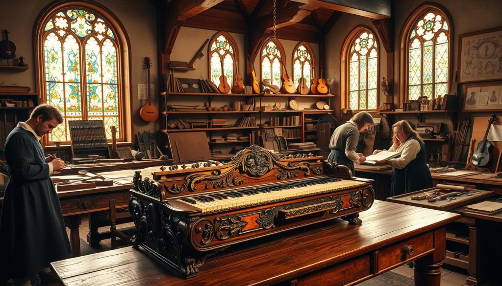 A beautifully detailed interior workshop in 16th-century Antwerp, showcasing the craftsmanship of the Ruckers family. In the foreground, an elegant harpsichord, intricately carved with floral motifs and rich wood grain, is displayed on a polished wooden workbench. Skilled artisans in period-appropriate attire, focused on their work, surround the instrument, examining parts and tools. In the middle ground, shelves filled with musical instruments, tools, and sketches of harpsichords reflect the bustling creative atmosphere. The background reveals stained glass windows casting colorful light patterns, illuminating dust particles in the air. The room is warm and inviting, evoking a sense of dedication to music and craftsmanship, with soft golden lighting creating a cohesive and harmonious ambiance. The angle captures the essence of the workshop, inviting viewers into this historically rich environment without any modern distractions.