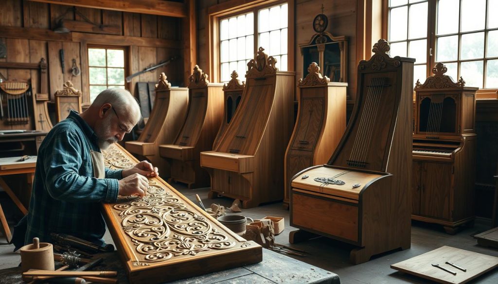A beautifully detailed workshop scene focused on European harpsichord-making schools. In the foreground, an artisan skillfully carving intricate designs on a wooden harpsichord, surrounded by tools of the trade such as chisels and tuning devices. The middle ground features various unfinished harpsichords in varying styles reflective of different European schools, like Flemish and Italian designs, each showcasing unique embellishments and wood grains. In the background, soft natural light filters through large windows, highlighting the warm, rich tones of the wood and creating an inviting atmosphere. The overall mood is one of craftsmanship, history, and artistry, emphasizing the dedication to the musical instrument's intricate creation. No text or annotations should be included in the image.