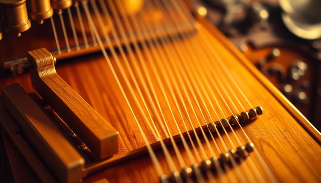 A close-up view of a harpsichord's mechanism, focusing on the "sautereau" action as it elegantly plucks the strings. The foreground captures the intricacies of the wooden levers and the fine, delicate plectra that grip the strings tightly. The middle ground features the gleaming, well-crafted strings stretching across the soundboard, reflecting warm, ambient light. In the background, a blurred view of the harpsichord body reveals its antique craftsmanship, with richly decorated woodgrain and intricate carvings that speak to its historical significance. Soft, golden lighting creates a warm, inviting atmosphere, emphasizing the harmony between craftsmanship and musical potential. Use a shallow depth of field to make the mechanism pop sharply against the softly blurred background.