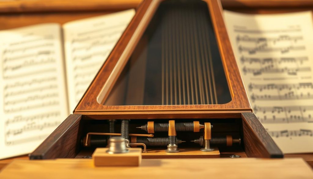 A detailed illustration of the "mécanisme sautereau" of a harpsichord, highlighting the intricate mechanisms involved in its functioning. In the foreground, focus on the delicate, wooden pieces of the mechanism, showcasing the springs and levers that activate the jacks. The middle section reveals a partially transparent harpsichord lid, allowing a view into the internal workings. In the background, softly blurred musical scores can be seen, evoking a historical context. The lighting is warm and inviting, emphasizing the craftsmanship of the instrument with shadows that highlight the textures of the wood. The image should evoke a sense of artistry and elegance, capturing the essence of this unique harpsichord mechanism, with close-up details and a slight depth of field effect. A detailed illustration of the "mécanisme sautereau" of a harpsichord, highlighting the intricate mechanisms involved in its functioning. In the foreground, focus on the delicate, wooden pieces of the mechanism, showcasing the springs and levers that activate the jacks. The middle section reveals a partially transparent harpsichord lid, allowing a view into the internal workings. In the background, softly blurred musical scores can be seen, evoking a historical context. The lighting is warm and inviting, emphasizing the craftsmanship of the instrument with shadows that highlight the textures of the wood. The image should evoke a sense of artistry and elegance, capturing the essence of this unique harpsichord mechanism, with close-up details and a slight depth of field effect.
