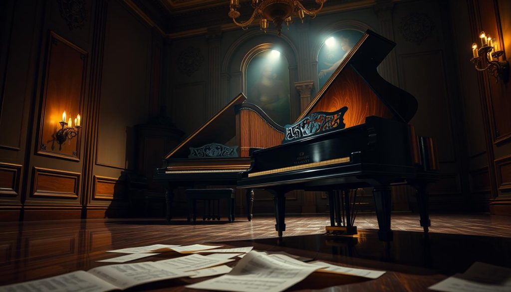 A grand, dimly lit room showcasing a beautiful, ornate pianoforte as the central focus, standing proudly in contrast to an elegantly designed harpsichord in the background, slightly overshadowed. The harpsichord is depicted with exquisite detail, its bright colors fading into the shadows, symbolizing its decline in prominence. Ambient lighting casts soft highlights on the polished surfaces, emphasizing the rich textures of the instruments. In the foreground, delicate sheet music lies scattered, hinting at a bygone era. The mood is melancholic yet dignified, reflecting the transition from the harpsichord to the pianoforte. The image is shot from a low angle, capturing the grandeur of the pianoforte while still respecting the beauty of the harpsichord behind it.
