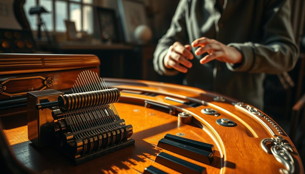 A highly detailed view of a "sautereau clavecin," showcasing its intricate mechanism. In the foreground, focus on the unique action of the sautereau, emphasizing the delicate hammers and strings in motion, with a close-up shot to illustrate the craftsmanship. The middle ground features the curved body of the clavecin, elegantly designed with polished wood and ornate carvings, reflecting warm, rich tones under soft, ambient lighting. In the background, a musician's hands gently interact with the keys, dressed in modest casual attire, enhancing the atmosphere of a quiet, focused practice space. The overall mood is warm and inviting, with soft shadows creating depth, as sunlight streams through a nearby window, casting subtle highlights on the instrument's surface.