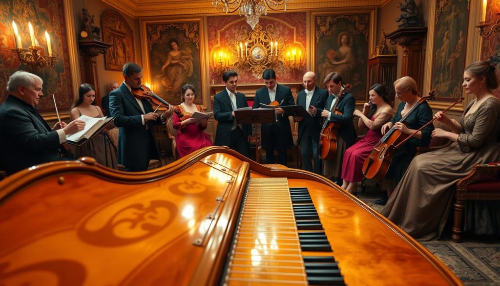 A richly detailed interior of a baroque music salon, showcasing a beautifully crafted harpsichord as the focal point in the foreground. The harpsichord is ornately decorated with intricate wood carvings and a polished surface that reflects warm, golden light. Surrounding it, a group of elegantly dressed musicians in period attire—men in tailored coats and women in flowing dresses—engaged in playing music. In the middle ground, a wooden music stand holds sheet music, hinting at the collaborative nature of baroque music. The background features rich tapestries and soft candlelight, enhancing the atmosphere of opulence and creativity. The scene captures a sense of warmth, inspiration, and the vibrant essence of baroque music, inviting the viewer to experience its cultural significance.