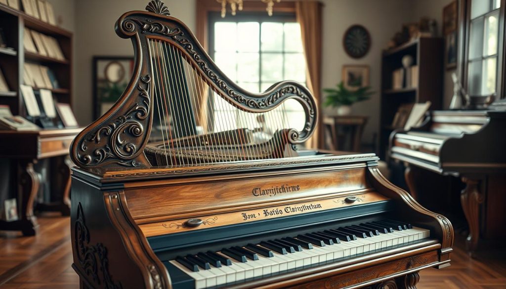 A stunning clavicythérium, combining the elegant design of a harpsichord and the aesthetic features of a piano, showcased prominently in the foreground. The instrument is richly adorned with intricate wood carvings and polished ebony and ivory keys. In the middle ground, a soft, ambient light filters through a large window, highlighting the lustrous textures of the instrument and casting delicate reflections on a wooden floor. The background features a cozy, vintage music room, adorned with shelves of sheet music and an antique metronome, creating an inviting, artistic atmosphere. The scene is warm and nostalgic, inviting viewers to appreciate this unique hybrid instrument. The camera angle is slightly tilted to capture the depth and details of the clavicythérium, creating a visually engaging composition that emphasizes the beauty and craftsmanship of this musical curiosity. A stunning clavicythérium, combining the elegant design of a harpsichord and the aesthetic features of a piano, showcased prominently in the foreground. The instrument is richly adorned with intricate wood carvings and polished ebony and ivory keys. In the middle ground, a soft, ambient light filters through a large window, highlighting the lustrous textures of the instrument and casting delicate reflections on a wooden floor. The background features a cozy, vintage music room, adorned with shelves of sheet music and an antique metronome, creating an inviting, artistic atmosphere. The scene is warm and nostalgic, inviting viewers to appreciate this unique hybrid instrument. The camera angle is slightly tilted to capture the depth and details of the clavicythérium, creating a visually engaging composition that emphasizes the beauty and craftsmanship of this musical curiosity.