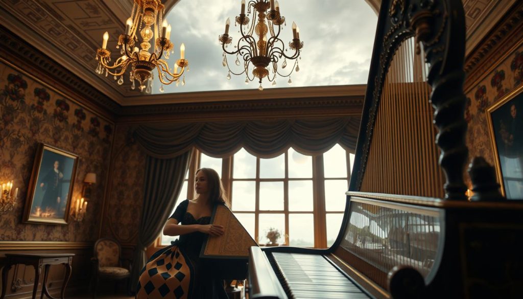 A vintage 19th-century music salon, showcasing an elegantly designed harpsichord as the focal point. In the foreground, a richly adorned female musician in a modest, flowing gown plays the instrument, her expression serene and reflective. The middle ground features an opulent room with ornate wallpaper, delicate chandeliers casting warm, soft light. In the background, large windows reveal a cloudy sky, hinting at an eclipse, symbolizing the decline of the harpsichord’s popularity during this era. The overall atmosphere is nostalgic and contemplative, evoking a sense of transition in musical history. The image should be captured from a slightly elevated angle, emphasizing the intricate details of the harpsichord and the elegant surroundings.