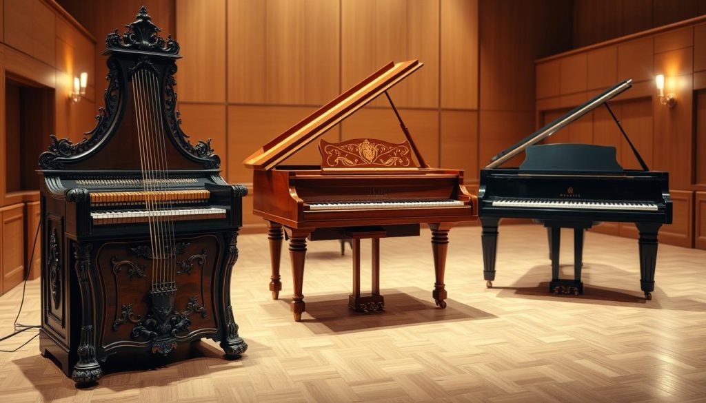 A beautiful and elegant display of a harpsichord, a fortepiano, and a modern piano arranged side by side on a wooden stage. In the foreground, the harpsichord features ornate carvings and rich, polished wood, with its keys visible and the lid slightly open, inviting a sense of curiosity. The fortepiano, in the middle, is dressed in a warm mahogany finish, showcasing its historical design, with delicate, intricate details and slightly worn keys, reflecting its age. The modern piano, sleek and glossy, stands confidently in the background, illuminated by soft, warm lighting that highlights each instrument's unique character. The atmosphere is inviting and educational, encouraging exploration while maintaining a gentle, reflective mood. A blurred backdrop of an intimate concert hall setting enhances the focus on the instruments.