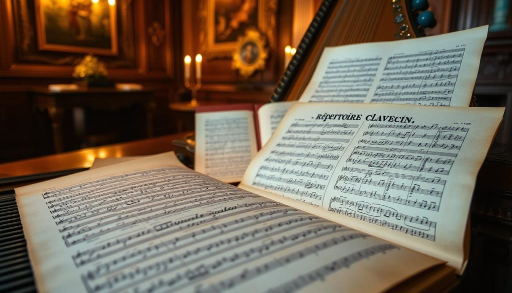 A beautifully arranged music manuscript featuring the "répertoire clavecin," showcasing intricately handwritten notes and annotations from Baroque composers such as Bach and Couperin. In the foreground, a classic harpsichord with ornate detailing is open, revealing its strings and keys, bathed in soft, warm light. The middle layer presents a set of antique sheet music scattered elegantly around the harpsichord, emphasizing the historical aspect. In the background, a dimly lit room with rich wooden textures and Baroque-style decor creates a cozy and sophisticated atmosphere. The scene is captured from a slightly elevated angle to draw attention to the harpsichord and the surrounding music, evoking a sense of nostalgia and reverence for the art of harpsichord music.