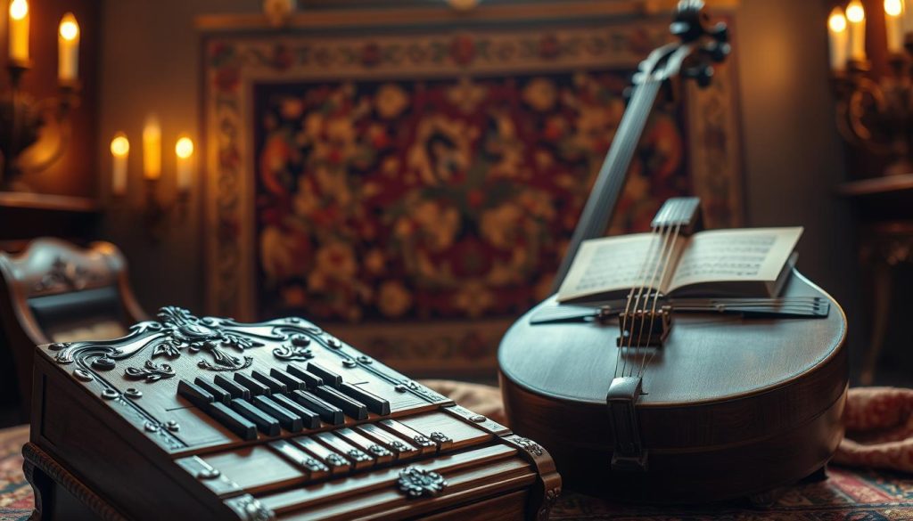 A beautifully arranged still life of a baroque basse continue and clavecin. In the foreground, showcase an intricately designed clavecin with ornate carvings and a polished wood finish, its keys gleaming softly in warm lighting. To the side, display a detailed basso continuo with its exposed strings and a delicate music score resting atop. In the middle ground, a richly textured tapestry drapes, adding depth with its warm hues. In the background, a softly blurred historic music room setting features elegant candle sconces casting a soft glow, creating an immersive atmosphere of 17th-century elegance. The overall mood should evoke a sense of historical richness and musical warmth, inviting the viewer into the enchanting world of baroque music. Use a shallow depth of field to focus on the instruments while blurring the background for a soft vignette effect.