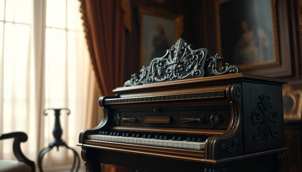 A beautifully crafted Baroque clavecin, showcasing intricate woodwork and elegant detailing, displayed prominently in the foreground. The instrument features an ornate case with rich, dark wood tones and delicate carvings, highlighting its historical significance. In the middle background, soft, warm lighting creates an inviting atmosphere, illuminating the clavecin's keys, reflecting the gold accents and enhancing the overall opulence. An elegant silk curtain drapes in muted colors behind, contributing to the Baroque aesthetic. The setting is a luxurious, dimly lit room with classic furniture that complements the clavecin, evoking a sense of timelessness and musical tradition. Ideal for conveying the impressive sonority and role of the clavecin in Baroque music, this image captures the essence of a bygone era.
