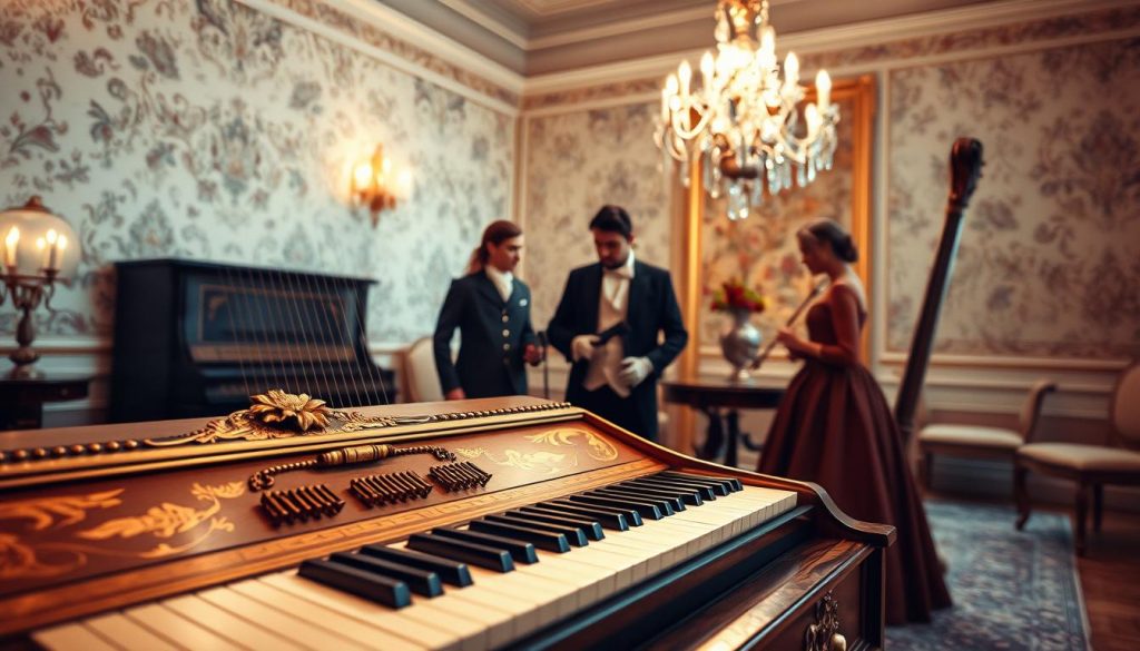 A beautifully crafted French harpsichord (clavecin) showcased in an elegant salon, rich with 18th-century decor. The foreground features the harpsichord, intricately decorated with gold leaf and floral motifs, its keys catching soft, warm light. In the middle ground, a pair of musicians in period-appropriate attire—men in waistcoats and women in flowing dresses—are engaging with the instrument, one playing while the other observes intently. The background reveals ornate wallpaper in soft pastel hues, with a grand chandelier casting a gentle glow across the scene. The mood is serene and cultured, reflecting the baroque era's artistic sophistication. Capture this scene with a slight depth of field effect, emphasizing the harpsichord while still hinting at the opulent surroundings.