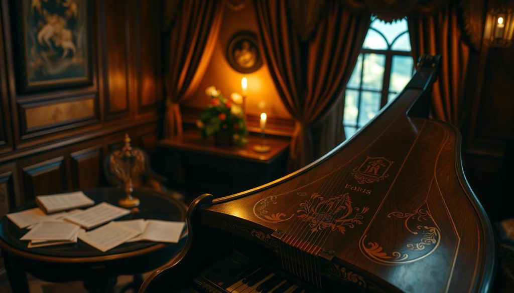 A beautifully crafted Italian harpsichord, featuring intricate baroque designs and elegant curves, sits prominently in the foreground. The instrument is adorned with ornate floral patterns and delicate inlays, showcasing the artistry of Italian masters. The middle ground reveals a soft focus on a dimly lit room filled with rich textures: wooden paneling, vintage sheet music scattered on a polished table, and a warm glow from a single candle illuminating the scene. In the background, lush velvet curtains frame an arched window, hinting at a serene garden outside. The overall mood is one of nostalgic elegance, evoking the spirit of the baroque era with warm, inviting ambient lighting. The angle is slightly above, presenting the harpsichord's detailed craftsmanship and the alluring surroundings.