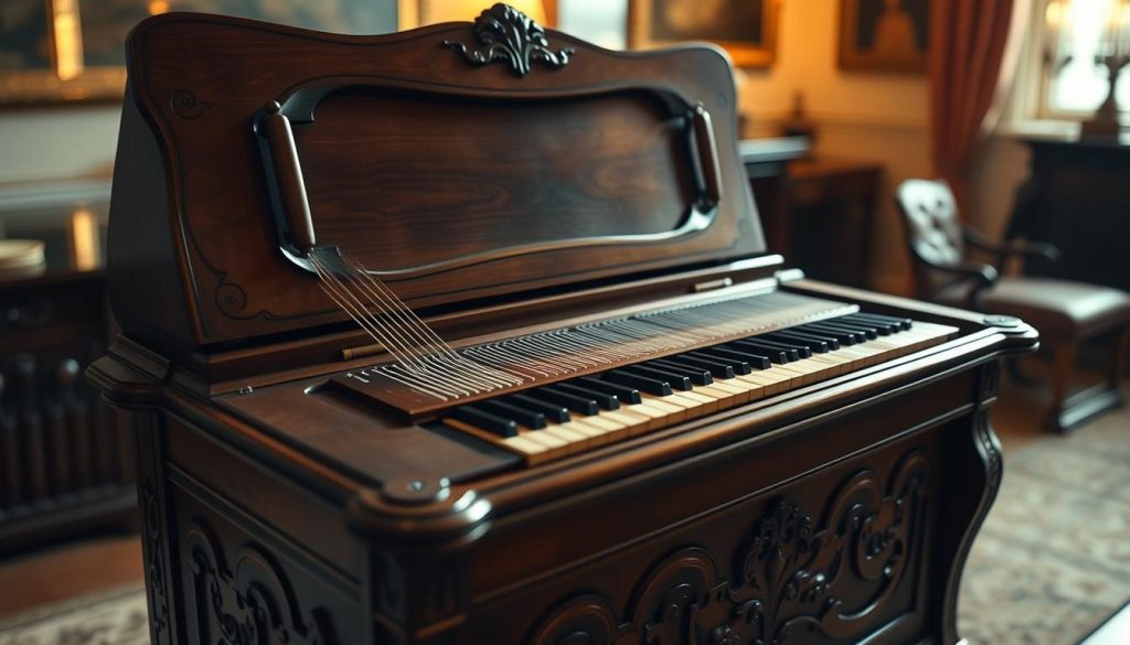 A beautifully crafted "sautereau clavecin" showcasing its intricate design and mechanism. The foreground features the clavecin's elegant wooden body with ornate carvings, highlighting the delicate plectra and strings. In the middle, an open lid reveals the strings being plucked, emphasizing the unique sound production mechanism. The background contains a softly lit room with classic decor, creating a warm and inviting atmosphere. The lighting is warm and ambient, casting gentle shadows that enhance the textures of the wood. The image is taken from a slightly elevated angle, focusing on the clavecin while softly blurring the background to maintain attention on the instrument. The overall mood is one of nostalgia and craftsmanship, reflecting the essence of historical music-making.