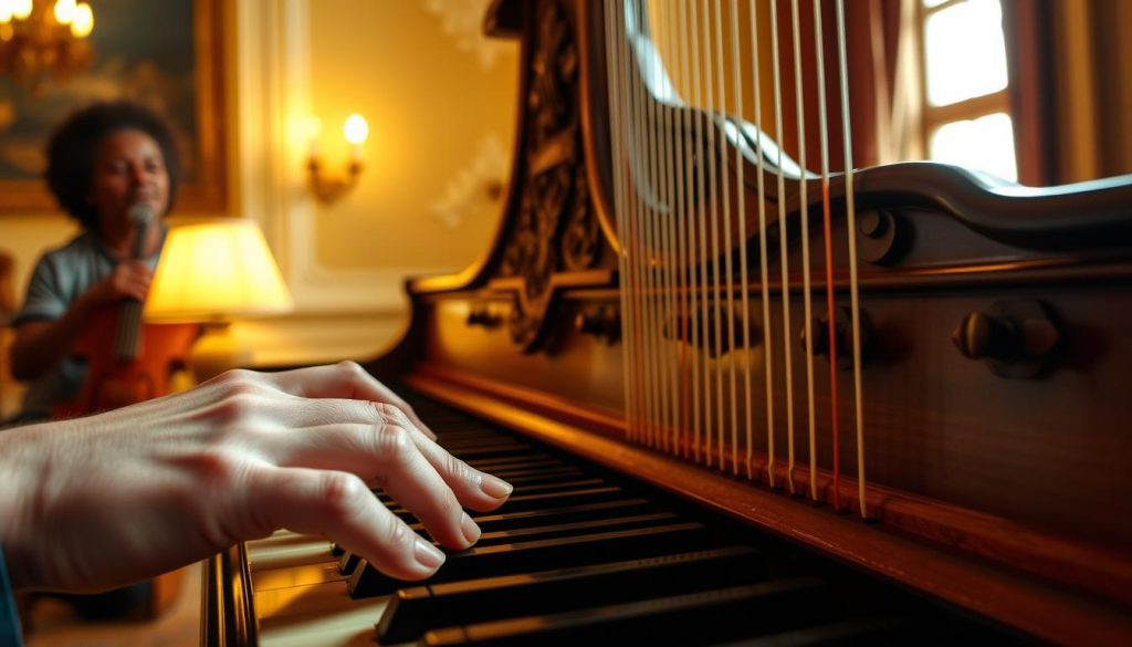 A close-up view of a musician's hands skillfully playing a harpsichord, capturing the unique techniques and expressiveness of the instrument. The foreground features elegantly manicured fingers pressing down on the keys with delicate precision, adorned with a subtle sheen of polished wood. In the middle, the harpsichord's intricate design is highlighted, showcasing its ornate carvings and rich colors. The background features a softly lit room with warm, golden lighting that casts gentle shadows, creating an inviting ambiance. The atmosphere is one of musical contemplation and artistic expression, emphasizing the difference in playing styles between the harpsichord and piano, evoking a sense of harmony and musicality.