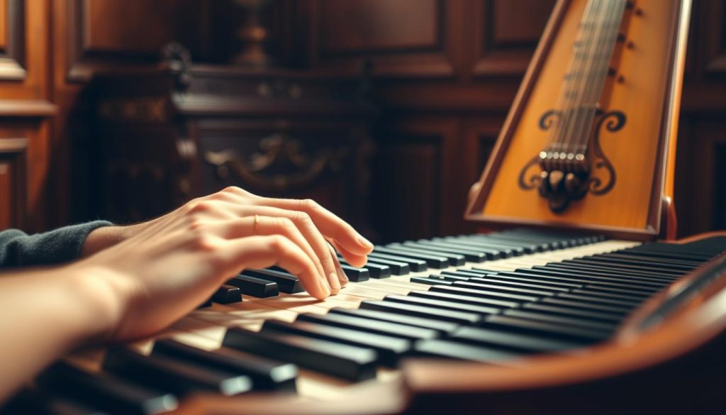 A close-up view of a musician's hands skillfully playing a harpsichord, with a delicate touch on the keys, showcasing dynamic techniques of keyboard playing. The foreground features the intricate details of the instrument's keys and the musician’s fingers, emphasizing articulation and expressiveness in the playing style. The middle background displays the ornate design of the harpsichord body, highlighting its historical artistry. Soft, warm lighting creates a cozy atmosphere, casting gentle shadows that add depth to the scene. A rich, wooden room subtly blurred in the background enhances the focus on the musician and the instrument, conveying a sense of sophistication and musicality. The image captures the essence of emotional expression through keyboard techniques without any text or distractions.