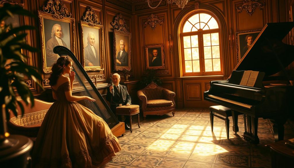 A cozy baroque music salon featuring a beautifully crafted harpsichord and an elegant grand piano. In the foreground, a pair of musicians, a woman in a flowing, ornate gown and a man in a tailored suit, are deeply engaged in conversation about their preferred instruments. The middle ground showcases rich wooden paneling adorned with intricate gold leaf accents, and baroque-style paintings of famous composers. The background reveals an arched window allowing warm, golden light to filter in, casting soft shadows across the room. The mood is intimate and vibrant, evoking the grandeur of the baroque era. The scene is framed as if viewed through a slightly tilted lens, adding a dynamic feel to this historical musical setting.