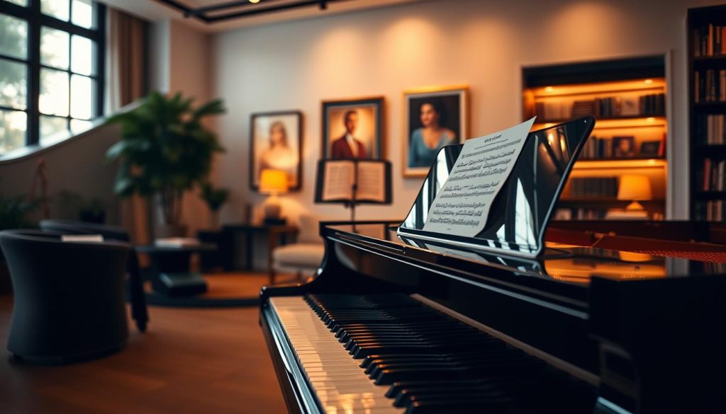A modern piano showcased in an elegant, well-lit music room. In the foreground, focus on the sleek, polished black finish of the grand piano, with its glossy surface reflecting soft, natural light filtering through large windows. The middle ground features a stylish music stand holding sheet music, with an inviting ambiance created by warm, ambient lighting that enhances the contemporary setting. The background reveals framed artwork and shelves filled with music books, adding a cultural touch to the scene. Capture this from a slightly elevated angle, highlighting the piano's curves and keys. The mood should evoke inspiration and creativity, perfect for an artistic exploration of musical instruments.