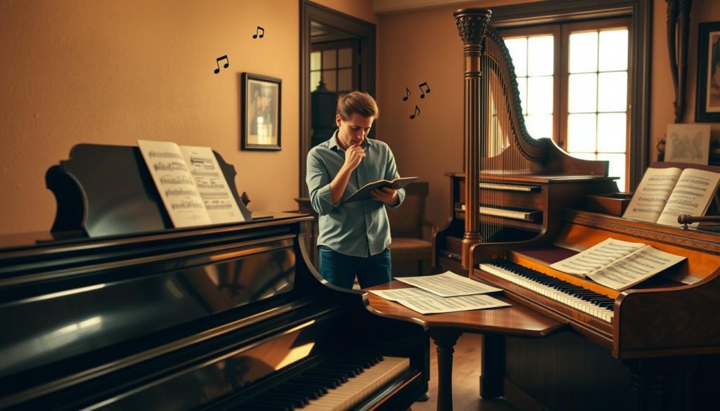 A vintage piano and a harpsichord placed side by side, showcasing their distinct designs. In the foreground, the piano has polished ebony wood, shining keys, and elegant curves, while the harpsichord is intricately decorated with baroque patterns and a lighter wood finish. The middle ground features a musician in modest casual clothing, thoughtfully examining both instruments, with sheet music laid out nearby on a wooden table. In the background, a softly lit room with warm, inviting colors, highlighting musical notes in the air, enhances an atmosphere of learning and exploration. Natural light streams through a window, casting gentle shadows, creating a serene mood perfect for embarking on a musical journey.