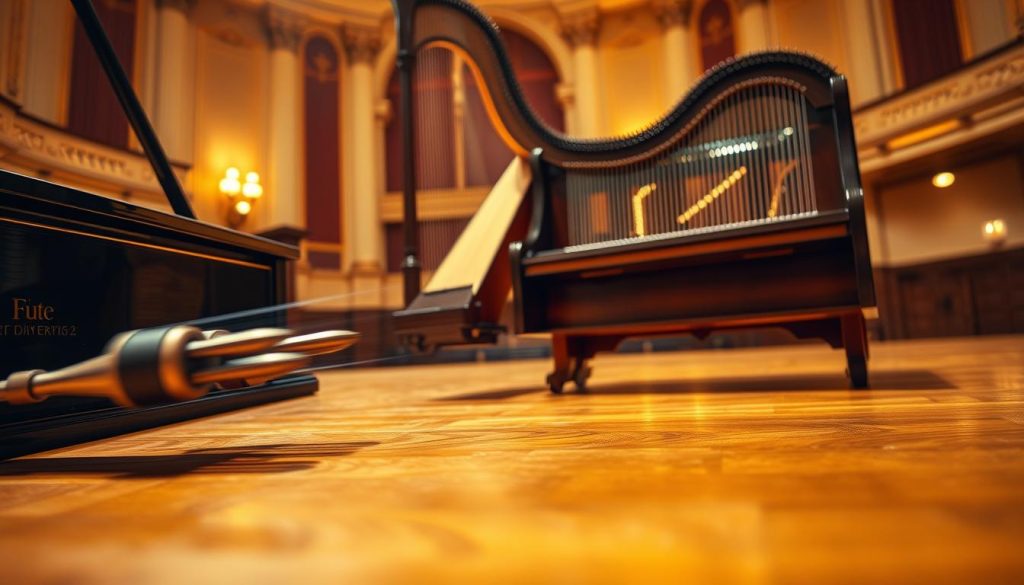 An elegant, close-up view of two classic musical instruments: a grand piano and a harpsichord, positioned side by side on a polished wooden stage. In the foreground, focus on the intricately crafted hammers of the piano poised to strike the strings, showcasing the mechanism of "cordes frappées" with a blurred, dynamic action effect. In the middle, the harpsichord is adorned with its delicate plucking mechanism, with softly illuminated strings visible through its open lid, reflecting warm, ambient lighting. The background features a softly blurred concert hall with muted colors, enhancing the atmosphere of a serene musical setting. Use warm lighting to evoke a rich, inviting ambiance, and capture the scene from a slightly angled perspective to highlight the details of each instrument's sound production mechanism.