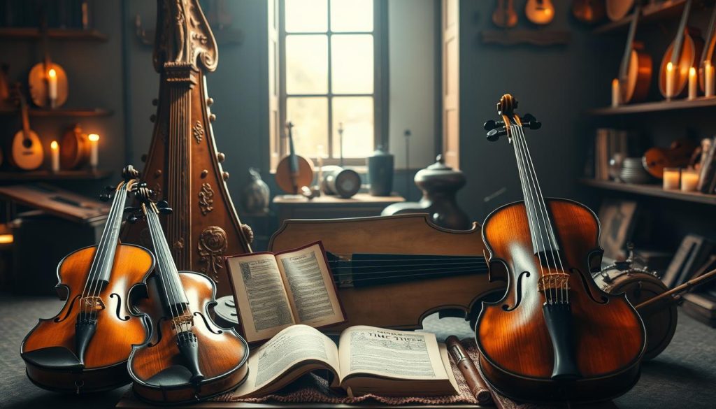 A beautifully arranged collection of ancient musical instruments, prominently featuring a baroque harpsichord with intricate carvings. In the foreground, showcase elegant violin and viola da gamba, their polished wood gleaming under soft, warm light. In the middle ground, place a lute resting against a richly textured, vintage fabric, along with a historical treatise on music theory. The background consists of an atmospheric, dimly lit room with shelves lined with more ancient instruments, creating a sense of history and reverence. Soft shadows cast by flickering candlelight enhance the mood of nostalgia and craftsmanship. Capture the scene using a shallow depth of field to emphasize the fine details of the instruments.