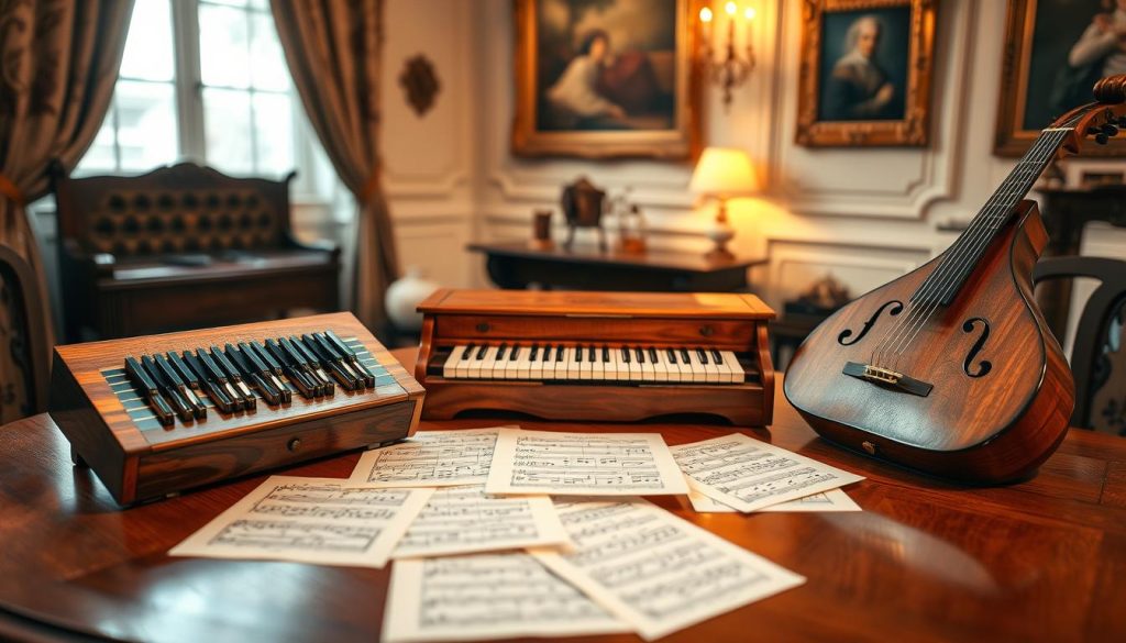 A beautifully arranged composition featuring regional variants of keyboard instruments: a clavecin, an épinette, and a virginal, each showcasing intricate woodwork and design differences. In the foreground, the instruments are positioned on an elegant wooden table, illuminated by warm, soft lighting that highlights their polished surfaces and fine details. The middle ground features sheet music scattered around, adding context and artistic atmosphere. In the background, a softly blurred classical room setting with vintage decor, including ornate curtains and framed artwork, enhances the historical essence. The mood is serene and reverent, capturing the acoustic qualities and cultural significance of these unique instruments. Aim for a close-up angle that emphasizes craftsmanship and tonal characteristics, evoking a sense of rich musical heritage.