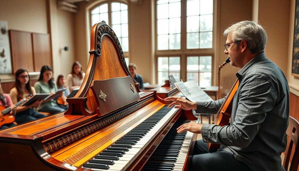 A beautifully arranged digital coordination scene featuring a skilled musician sitting at a two-manual harpsichord, immersed in a teaching moment. In the foreground, the musician, dressed in professional casual attire, is gesturing toward the intricate keys while a group of attentive students with notebooks and sheet music are observing closely. The middle ground showcases the elegant design of the two-manual harpsichord with shiny wood finishes and ornate decorations. In the background, warm and soft lighting streams in through large classroom windows, highlighting a cozy and inspiring learning atmosphere. The composition emphasizes the pedagogical aspect of musical training, with a focus on the interaction between the teacher and students, creating a nurturing and engaging environment ideal for learning music.