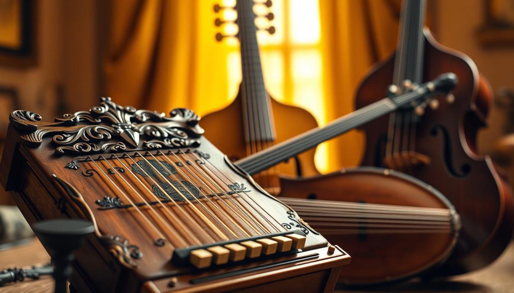 A beautifully arranged scene showcasing hybrid musical instruments, prominently featuring a clavecin, an épinette, and a virginal artfully intertwined together. In the foreground, the intricate details of the clavecin's ornate wooden carvings and delicate keys can be seen, with rich hues of mahogany and ivory. The middle ground reveals the elegantly curved body of the épinette, with its strings slightly raised, inviting a sense of resonance. Behind these instruments, a softly blurred background suggests a warm, intimate music room bathed in gentle golden light. The ambient illumination casts subtle shadows, creating a serene yet inspiring atmosphere that evokes curiosity and appreciation for the craftsmanship of these unique instruments. The composition captures the essence of curiosity in lutherie, with a balanced focus on both visual elegance and historical significance.