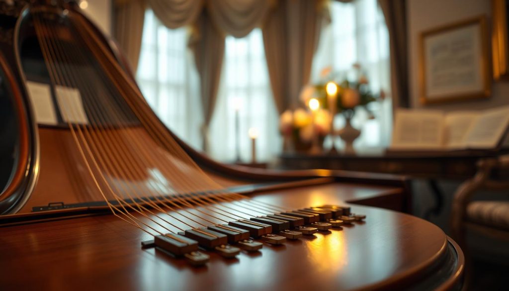 A beautifully crafted harpsichord in a softly lit, elegant room, showcasing its intricate table d'harmonie. In the foreground, focus on the polished wood surface and ornate carvings, highlighting the delicate strings and sound holes that amplify the instrument's rich tones. In the middle ground, a softly glowing candle cast warm light across the instrument, enhancing the rich mahogany and gold accents. The background features a serene setting with tasteful decor, such as sheet music and a vase of fresh flowers, creating a harmonious atmosphere. The overall mood is reflective and tranquil, capturing the essence of music and craftsmanship. The perspective is slightly angled, providing a captivating view of the harpsichord's distinctive features.