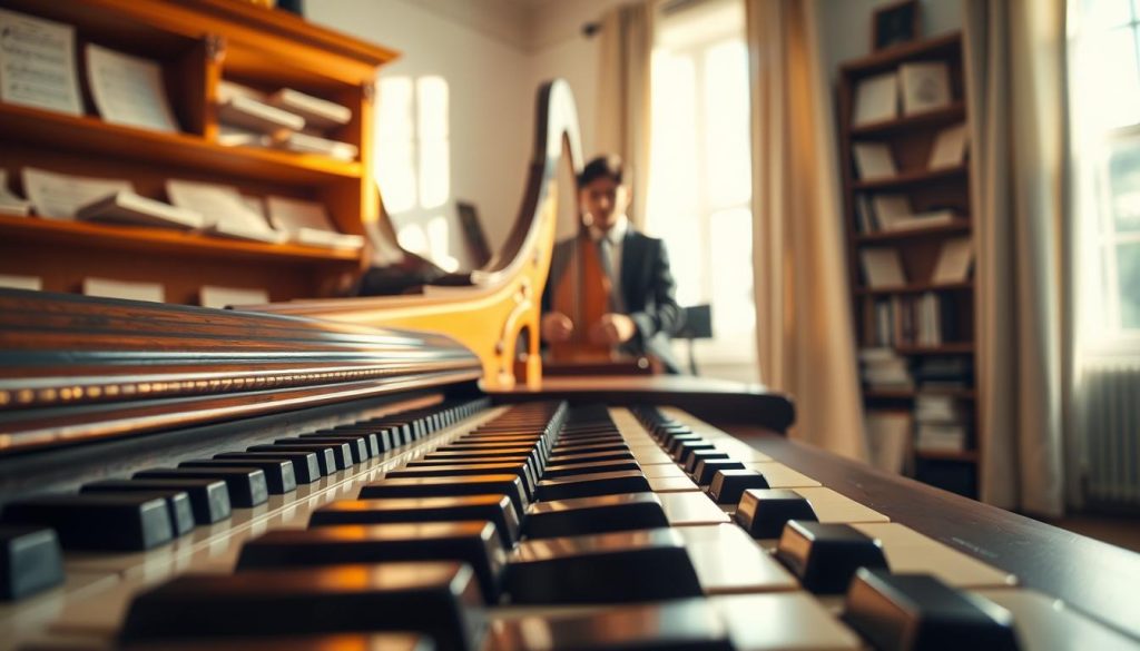 A beautifully detailed harpsichord (clavier) positioned in a sunlit room, showcasing its intricate woodwork and ornate design. In the foreground, the keys glisten under soft, warm light, highlighting their polished surfaces and contrasting colors. The middle layer features a musician in professional attire, seated elegantly, hands poised at the keys, illustrating the influence of posture on sound production. In the background, shelves filled with sheet music and a window with flowing curtains allow natural light to illuminate the scene, creating a serene and inviting atmosphere. The mood is reflective, inviting the viewer to contemplate the subtleties of sound and posture in music performance. The angle captures a slightly elevated perspective, enhancing the depth and intricate details of the harpsichord.
