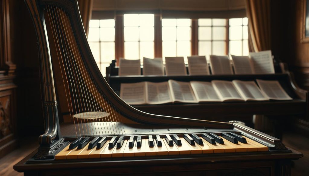 A beautifully ornate harpsichord, or "clavier clavecin," sits prominently in the foreground, showcasing its intricate woodwork and delicate, painted details. The keys are slightly ajar, revealing the glimmering strings inside, inviting viewers to appreciate its craftsmanship. In the middle ground, a soft, muted light filters through a large window, casting gentle shadows along the polished surface of the instrument. Rich, warm tones fill the scene, creating an atmosphere of nostalgia and elegance. In the background, rows of sheet music are neatly arranged along a wooden stand, hinting at a performance space. The image captures an intimate and refined mood, inviting contemplation of the unique qualities of the harpsichord’s keyboard compared to that of the piano, with a focus on texture and color.