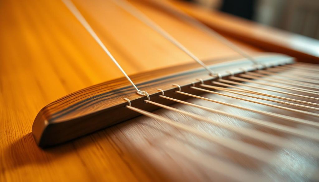 A close-up view of a beautifully crafted chevalet, the bridge of a harpsichord, meticulously detailed to showcase its elegant curves and intricate wood grain. The foreground features the chevalet in focus, with fine textures highlighting its craftsmanship. The middle ground includes softly blurred strings of the harpsichord, emphasizing the role of the chevalet in sound transmission. In the background, a warm, ambient light softly illuminates the entire scene, creating a cozy and inviting atmosphere. The lighting enhances the natural wood tones, giving it a rich, timeless quality. The angle is slightly tilted to capture both the chevalet and the strings, inviting viewers to appreciate the harmony of art and acoustics.