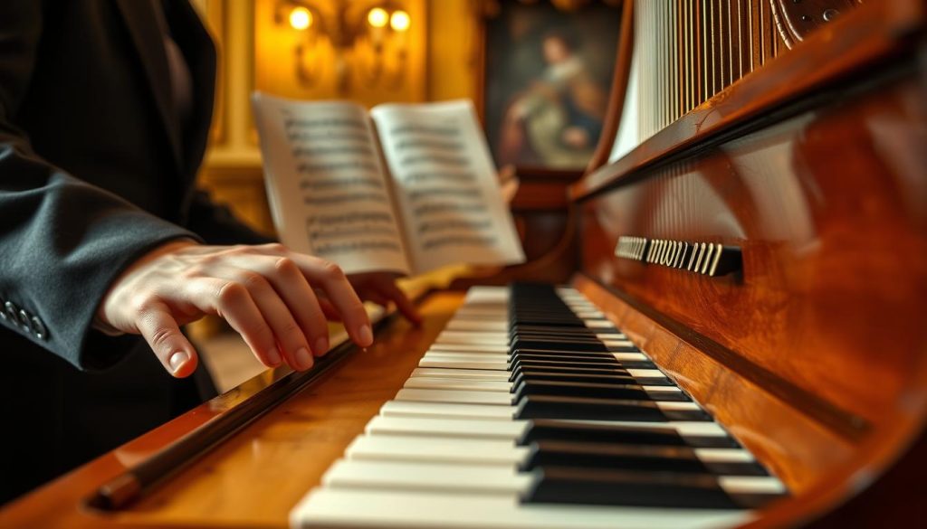 A close-up view of a beautifully crafted harpsichord (clavecin) showcasing its intricate design and elegant keys. In the foreground, a person in professional attire, demonstrating various playing techniques, with fingers gracefully poised over the keys. The middle ground features sheet music with notes visible, emphasizing the art of interpretation. The background includes softly blurred baroque-style furniture and warm, ambient lighting that creates a serene atmosphere, highlighting the historical context of the instrument. The scene captures a moment of focused artistry, inviting the viewer to appreciate the nuances of harpsichord music. The composition utilizes natural light to enhance the wooden textures and glossy surfaces of the instrument.