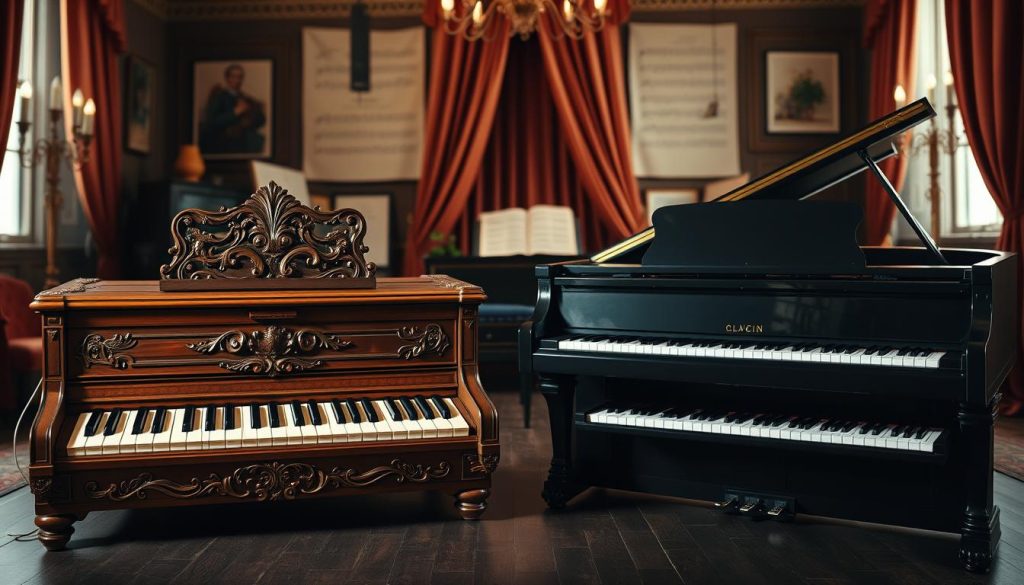 A detailed comparison image showcasing a clavecin with two keyboards and a traditional piano side by side. In the foreground, the clavecin's ornate wooden casing, intricate carvings, and distinctive twin sets of keys are prominently displayed, highlighting its unique design. The piano, with its polished black finish and single keyboard, contrasts sharply next to it. In the middle ground, a soft light casts gentle shadows, emphasizing the textures of both instruments, while the background features a dimly lit, elegant room that hints at a historical ambiance, adorned with sheet music and theatrical curtains. The overall mood conveys a sense of sophistication and artistic heritage.