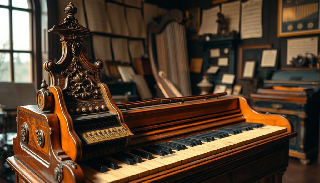 A detailed, elegant "registre clavecin" prominently displayed in the foreground, showcasing its intricate design and multiple stops, with polished wood finish and ornate carvings. The middle ground features a well-worn harpsichord, partially opened to reveal the strings and mechanics, illuminated by soft, warm lighting that casts gentle shadows, enhancing its vintage charm. In the background, a dimly lit room filled with sheet music and antique musical instruments, evoking a sense of history and musical heritage. The atmosphere is serene and contemplative, emphasizing the distinctiveness of the harpsichord's registers. The image captures the subtleties of texture and the craftsmanship, photographed from a slightly angled perspective to convey depth and dimension.