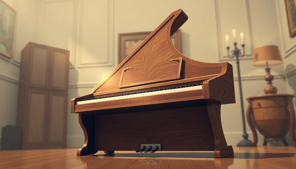A detailed illustration of an angular spinet, highlighted in the foreground, showcasing its unique structure with clear, sharp lines and intricate wood grain patterns. The body of the spinet should be depicted in a rich mahogany finish, reflecting warm light that accentuates its elegant form. In the middle ground, include the spinet's classic keys with a close-up view of the beautifully crafted wooden case and embellishments, demonstrating craftsmanship and artistry. In the background, a softly lit, vintage-style music room setting should evoke a serene atmosphere, with muted tones and gentle shadows that create depth. Use soft, diffused lighting to enhance the warm, inviting mood of the scene, capturing the essence of a classical musical environment. A detailed illustration of an angular spinet, highlighted in the foreground, showcasing its unique structure with clear, sharp lines and intricate wood grain patterns. The body of the spinet should be depicted in a rich mahogany finish, reflecting warm light that accentuates its elegant form. In the middle ground, include the spinet's classic keys with a close-up view of the beautifully crafted wooden case and embellishments, demonstrating craftsmanship and artistry. In the background, a softly lit, vintage-style music room setting should evoke a serene atmosphere, with muted tones and gentle shadows that create depth. Use soft, diffused lighting to enhance the warm, inviting mood of the scene, capturing the essence of a classical musical environment.