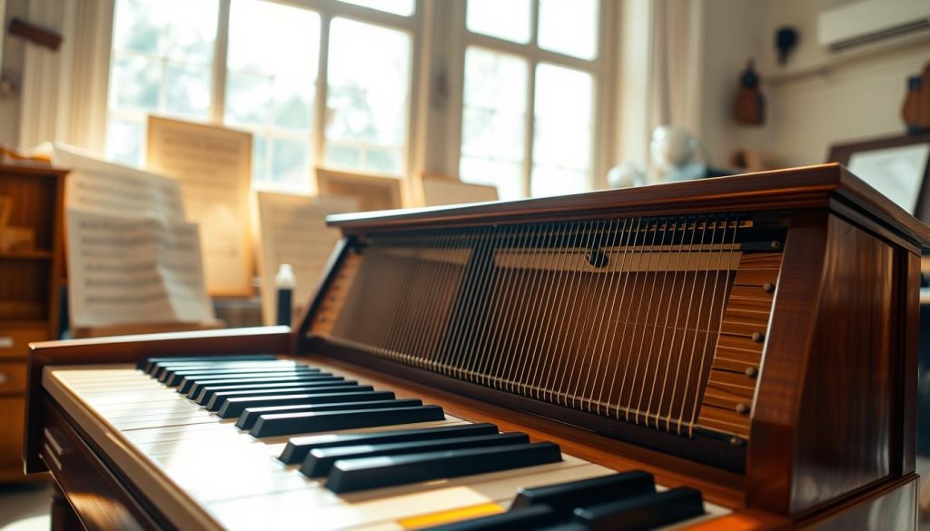 A detailed view of a two-manual harpsichord (clavecin), showcasing its intricate design and craftsmanship, placed in a sunlit room filled with natural textures. The foreground features the polished wood finish of the harpsichord, highlighting the key mechanism and elegant strings. In the middle, soft light filters through a large window, illuminating dust motes and emphasizing the delicate craftsmanship of the instrument. The background includes soft-focus elements like sheet music and subtle indications of humidity monitoring tools, hinting at hygrometric sensitivity. The atmosphere is warm and inviting, evoking a sense of tradition and care in preserving the instrument. The photo should be captured with a shallow depth of field, creating a serene mood that invites contemplation.